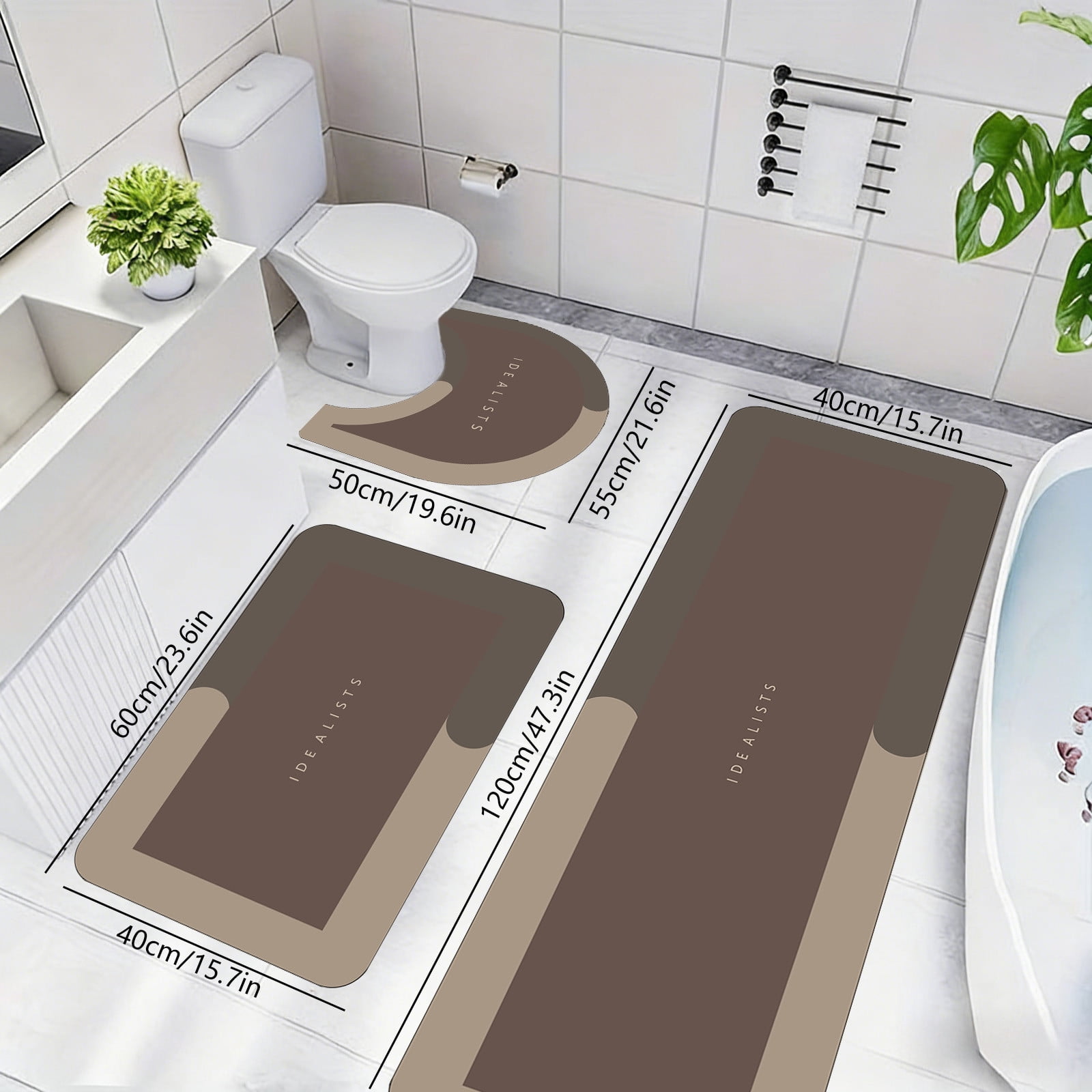 AuroraX Stone Bathroom Rug Set 3 Piece with Brown Absorbent Non Slip Rubber-Backed Diatomaceous Earth Bath Mat Long Rug Runner U-Shaped Toilet Rug Quick Dry Washable Bath Rug Set for Bathtub Home