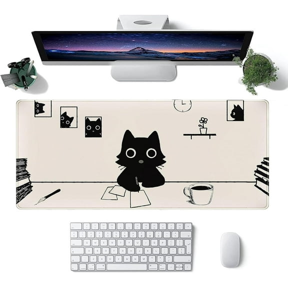 XXL Extended Black Cartoon Cat Mouse Pad Beige Large Minimalist Mousepad Anime Kawaii Big Office Gaming Desk Pads Laptop Keyboard Non-Slip Rubber Mouse Mat(Size:35.4x15.7in)
