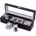 thumbnail image 1 of Caja para 6 relojes con ventana de cristal 34,5 x 11 x 8,5 cm fabricada en polipiel y horquilla terciopelo con acero chapado en metal negro, 1 of 5
