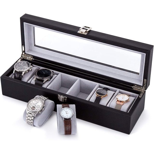 Caja para 6 relojes con ventana de cristal 34,5 x 11 x 8,5 cm fabricada en polipiel y horquilla terciopelo con acero chapado en metal negro