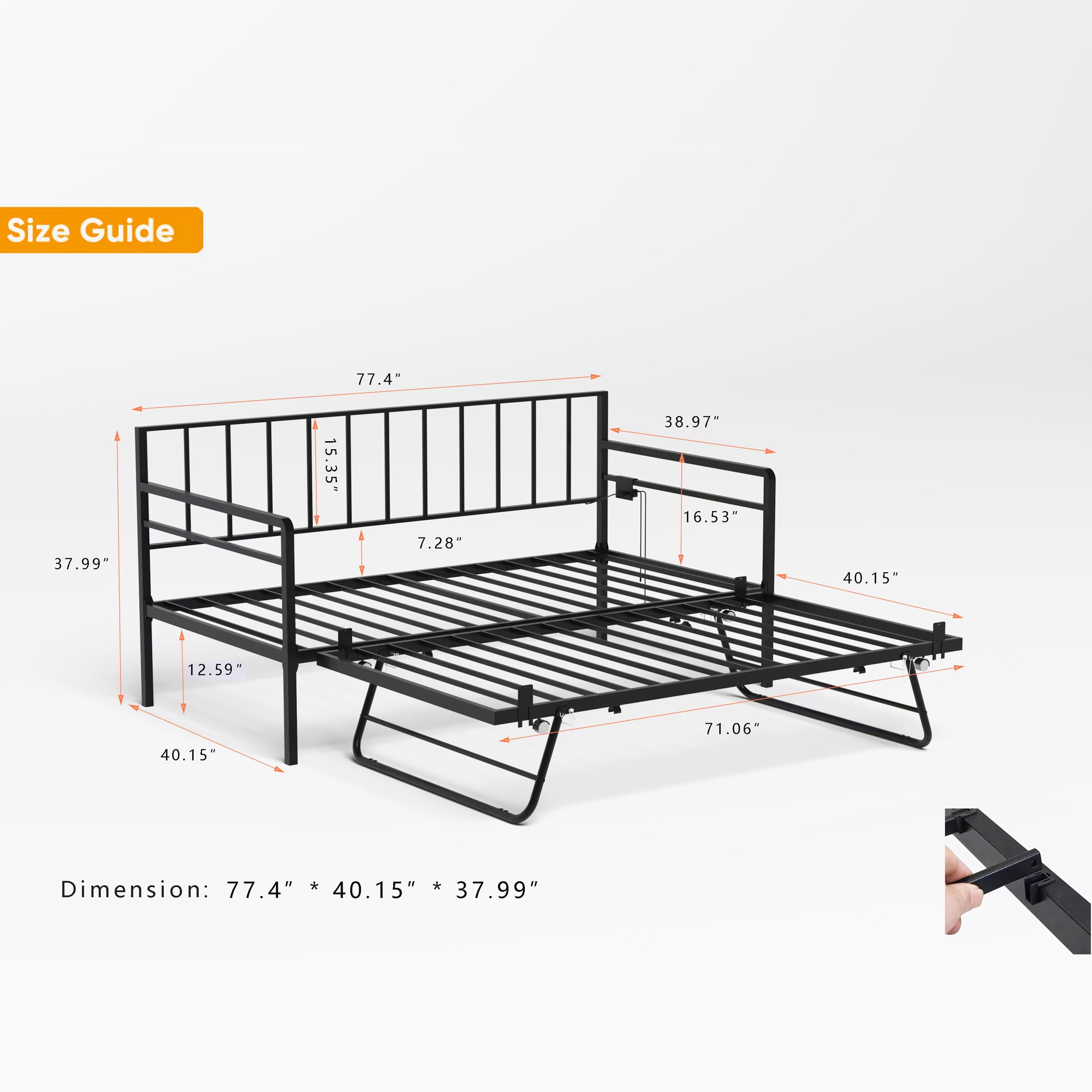 PORKISS LED Twin Daybed with Trundle, Metal Frame, Charging Station, Twin Size Bed Frame, No Box Spring Needed, Black