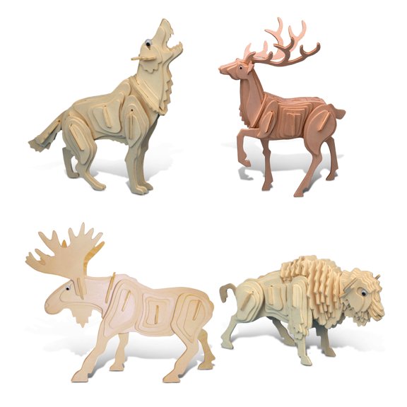 Puzzled Bundle of Wild Animals: Deer, Wolf, Moose, & Buffalo Wooden 3D Puzzle Construction Kits, Fun & Educational DIY Toys Assemble Model Unfinished Wood Craft Hobby Puzzle to Build & Paint - 4 Pack