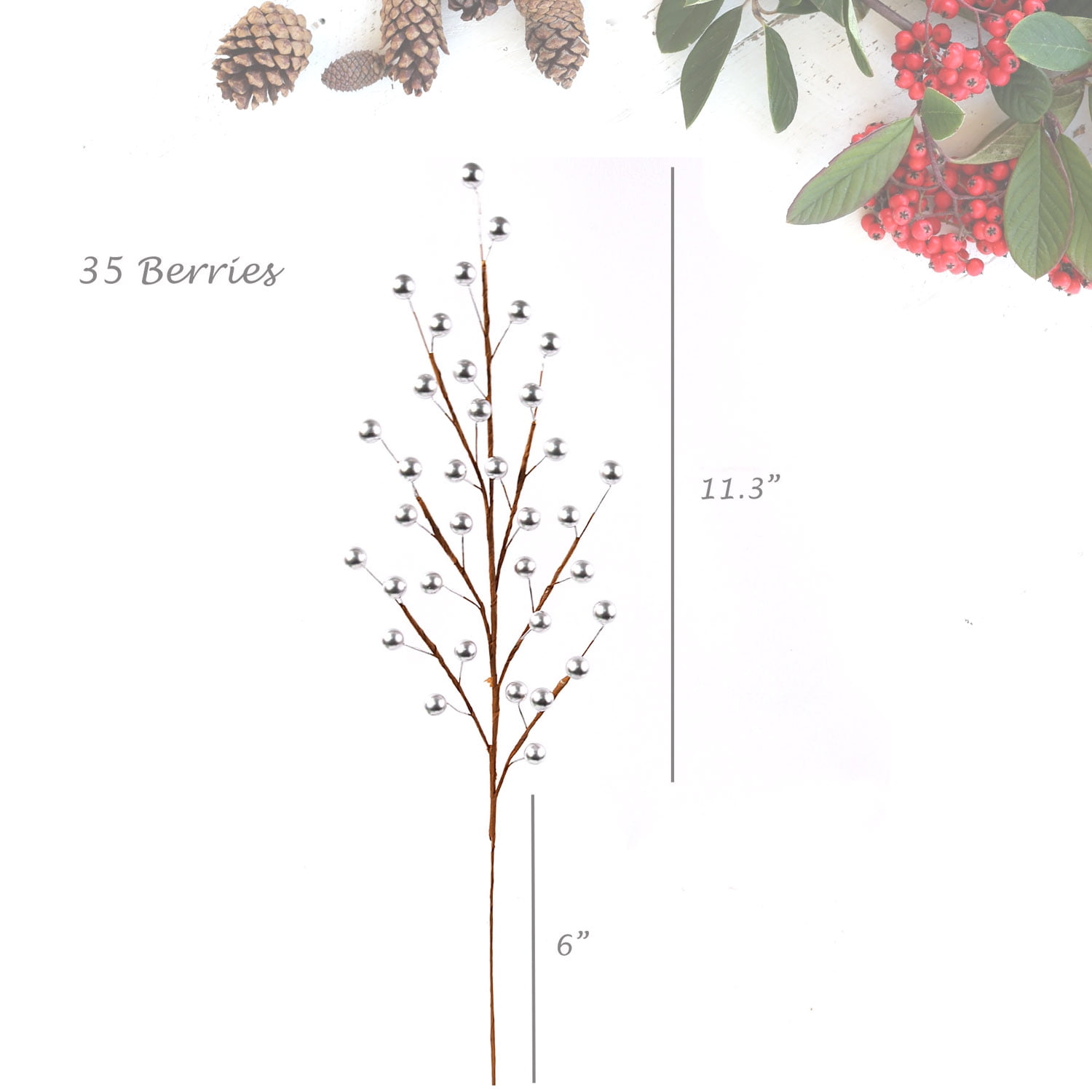 19 Silver Holly Berry Picks - Decorative Branch Sprays, 12-Pack 