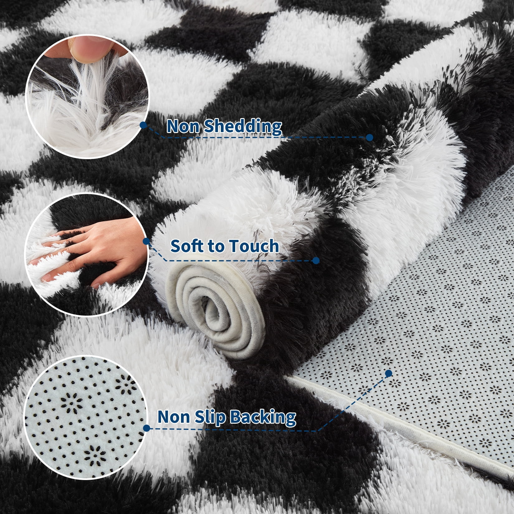 COZONY 8x10 Checkered Thick Area Rug, Large Ultra Soft Shag Plush Carpet for Living Room, Non-Slip Backing, Black