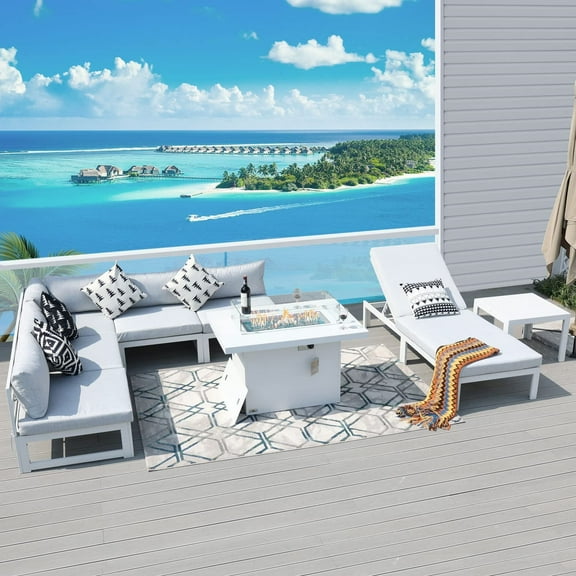 RADIATA 8Pcs Large Size Outdoor Aluminum Furniture Set with FirePit Lounge Chair for Pool Garden Yard