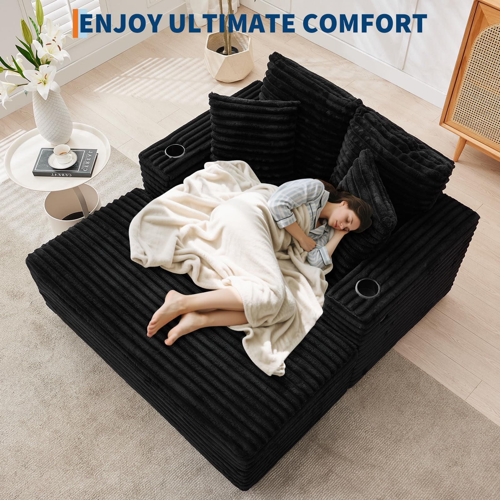 Oversized Corduroy Chaise Lounge Chair with Cup Holder & USB Charging Port, 54" Wide Plush Sofa with High-Density Foam & Supportive Springs for Living Room