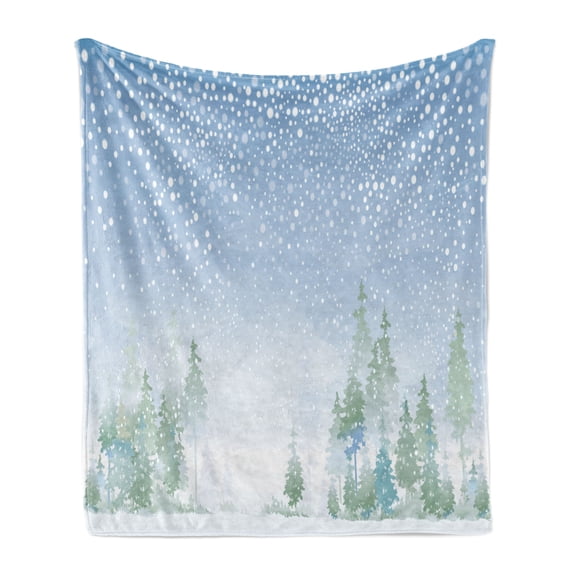 Snowy Trees Soft Flannel Fleece Throw Blanket, Misty Outdoor Scene of a Forest, Cozy Plush for Indoor and Outdoor Use, 60" x 80", Pale Sky Blue Pale Green, by Ambesonne