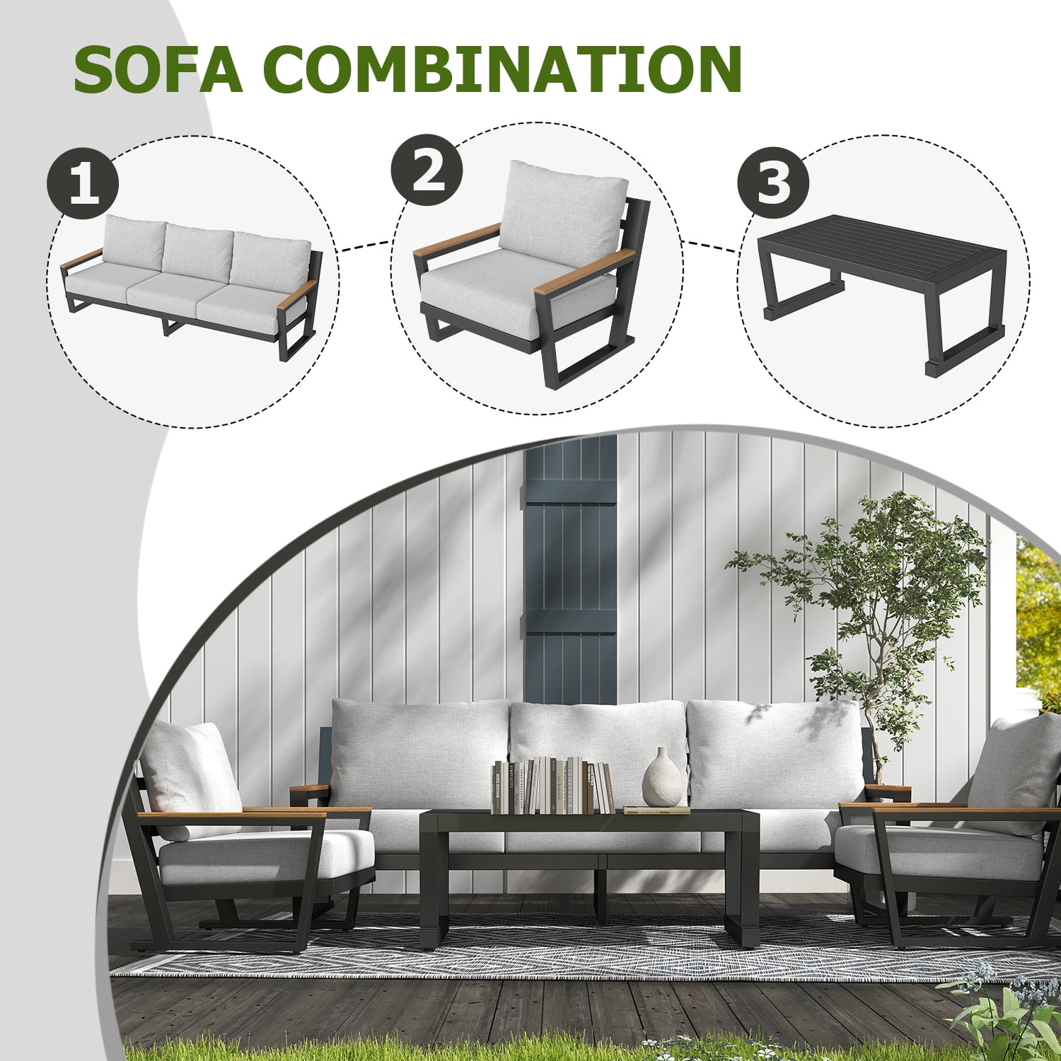 Aluminum Outdoor Patio Furniture Set 5 Seat, Patio Conversation Set with Durable Mesh Rope Weaving, Wide Armrests and Seats, Metal Sofa Set for Patio Grey