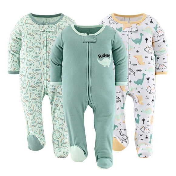 The Peanutshell Green Dino Footed Baby Sleepers for Boys or Girls, 3-Pack, Newborn
