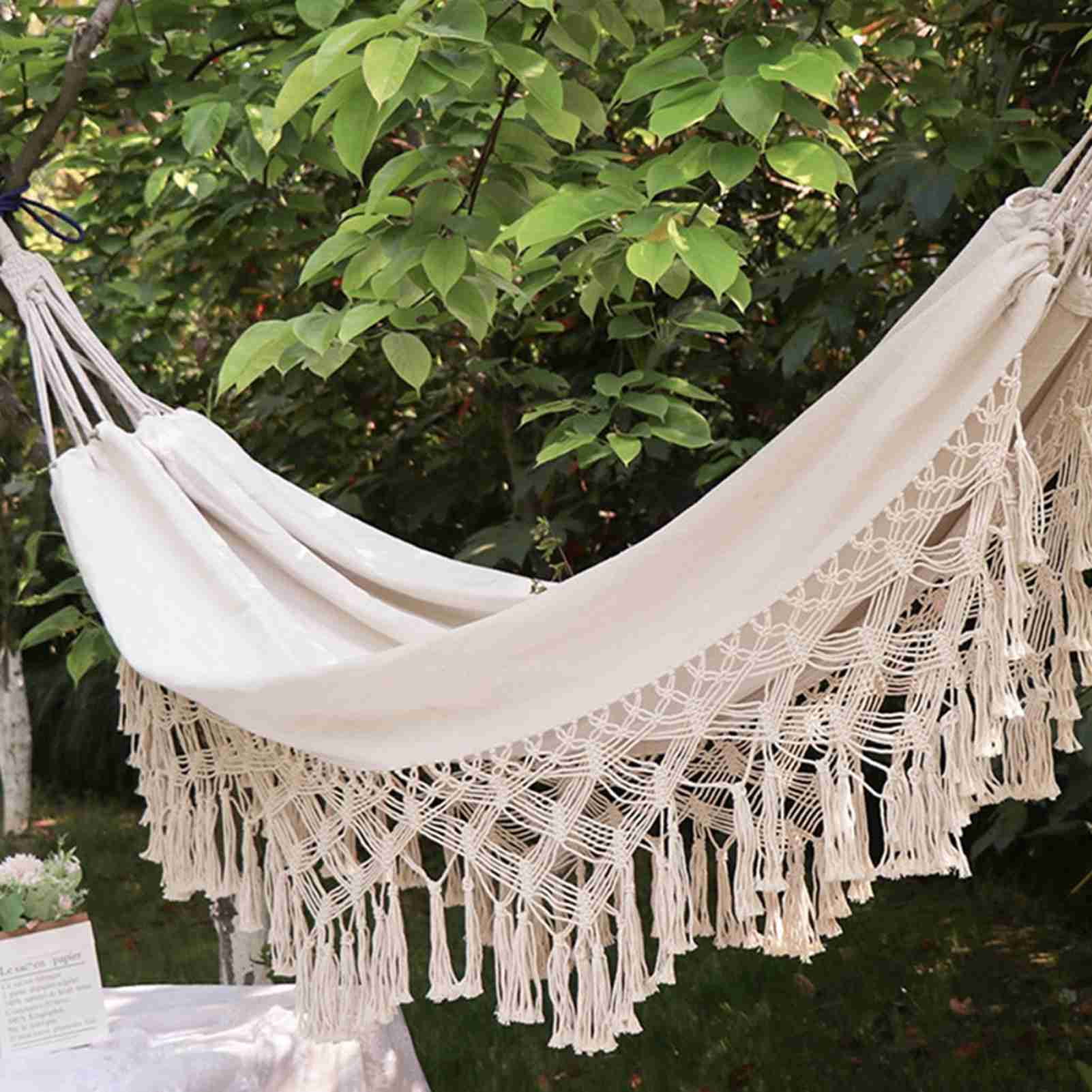 YAHHU Double Macrame Hammock 2 Person Canvas Swing Bed with Anti-Rollover Wooden Pole Tassels for Indoor Outdoor Patio Beach Yard Camping White (59x78.7 inches / 150x200 cm)