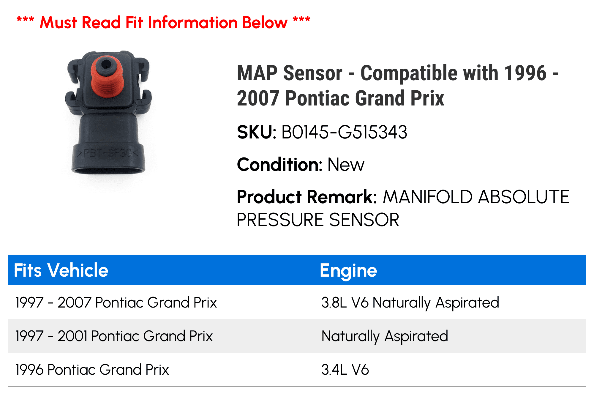 MAP Sensor - Compatible with 1996 - 2007 Pontiac Grand Prix 1997 1998 1999 2000 2001 2002 2003 2004 2005 2006
