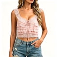 thumbnail image 2 of Fewfanhot Tops for Women Lace Trim Button Down Sleeveless Ruffle Crop Vest Going Out Coquette Shirt, 2 of 5