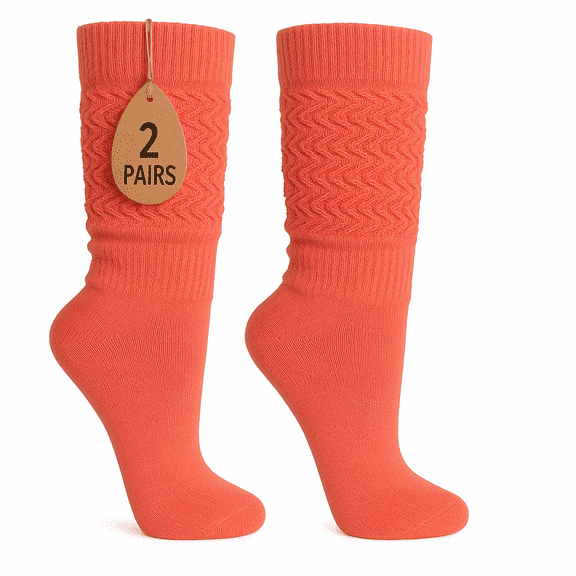 Women's Extra Long Slouch Socks Knee High Cotton Blend Pack of 2 Shoe Size 5-10 Retro 80s Style (Peach)