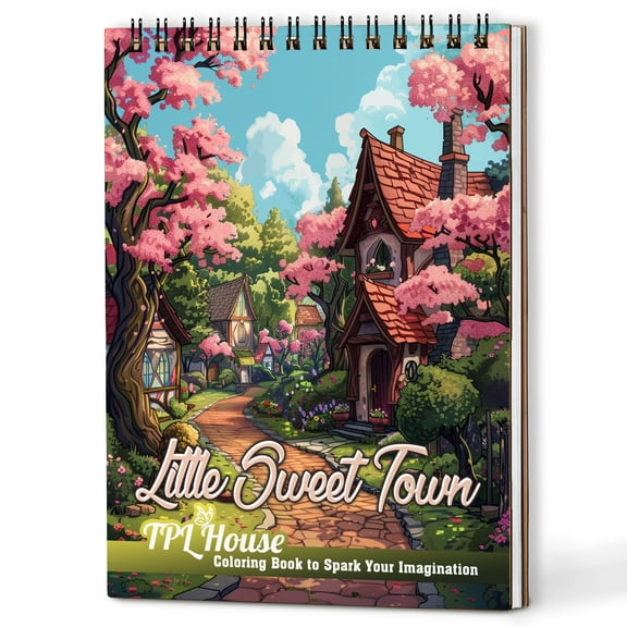 TPLHOUSE Little Sweet Town Coloring Book Spiral Bound for Adults, A5 Wooden Cover, 30 Adorable Town Coloring Pages of Little Creatures and Building for Stress Relief and Relaxation