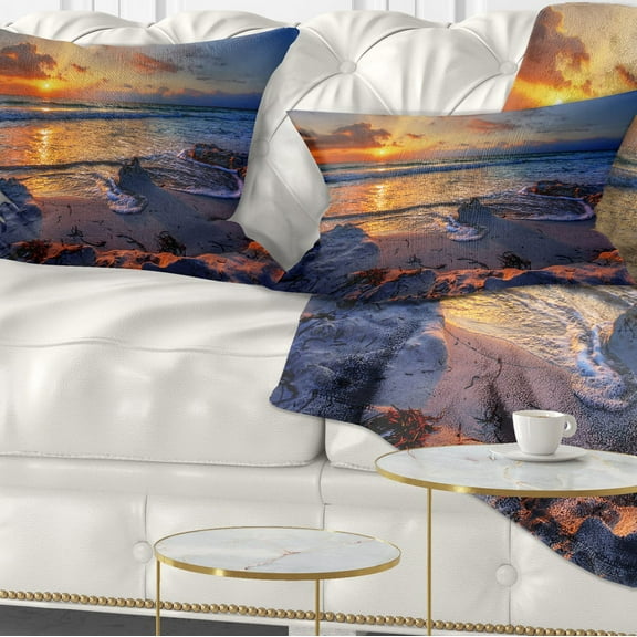 Designart Beautiful Seashore with Yellow Sun - Seashore Throw Pillow - 12x20