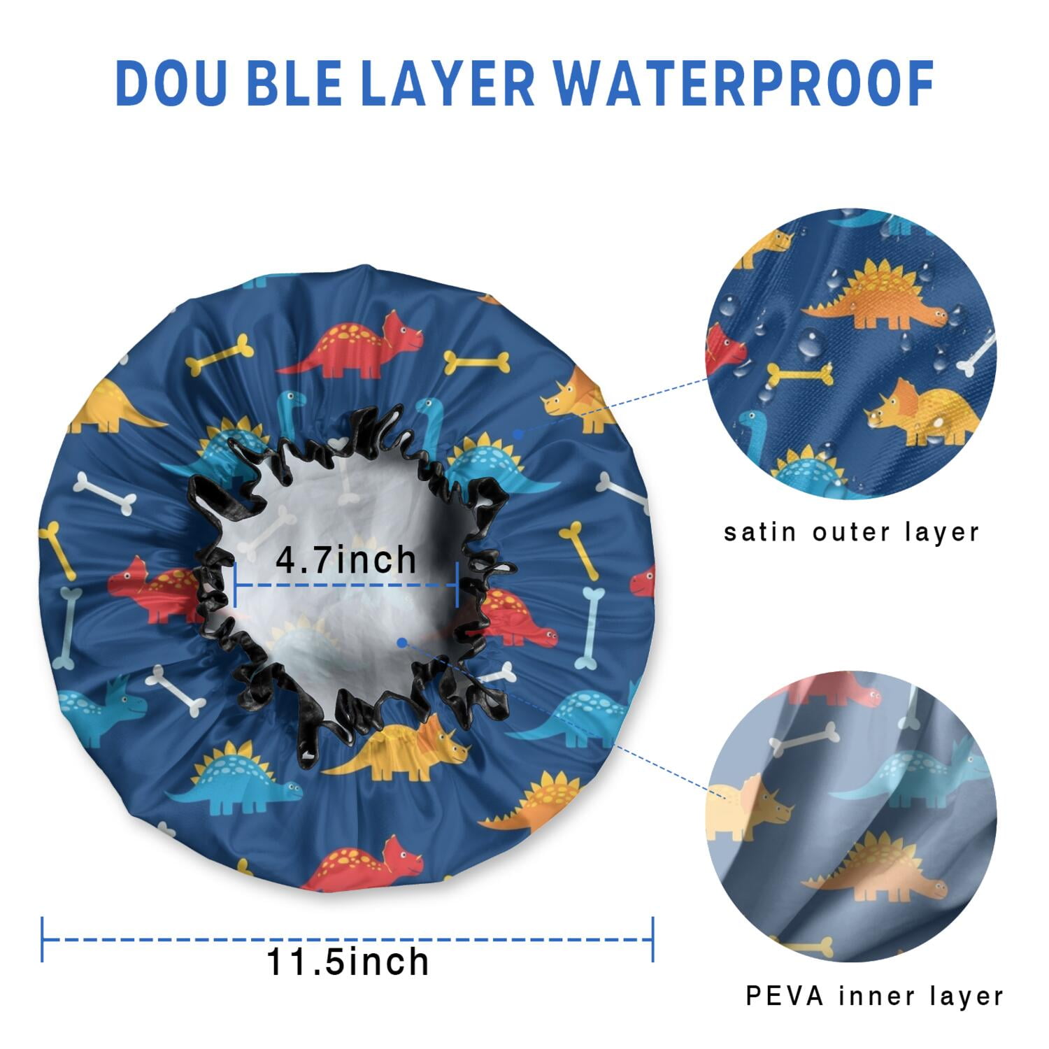 Shower Caps,DarkBlue Cartoon Dinosaurs Bones Pattern Waterproof Shower Cap for Women 4 Pieces,Double Reusable Hair Cover for Shower PEVA Elastic Stretch Hem