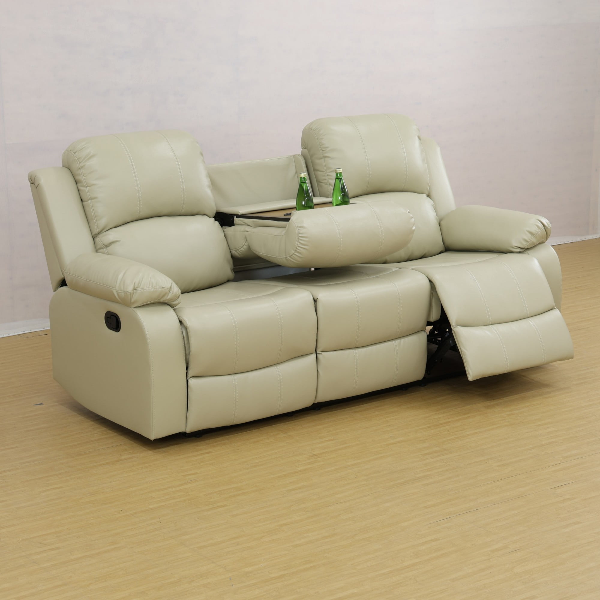 Gewnee Beige 3-Seater Sofa with Console & Cup Holders, Air Leather & High-Elastic Sponge, Adjustable Recline, Perfect for Living Rooms