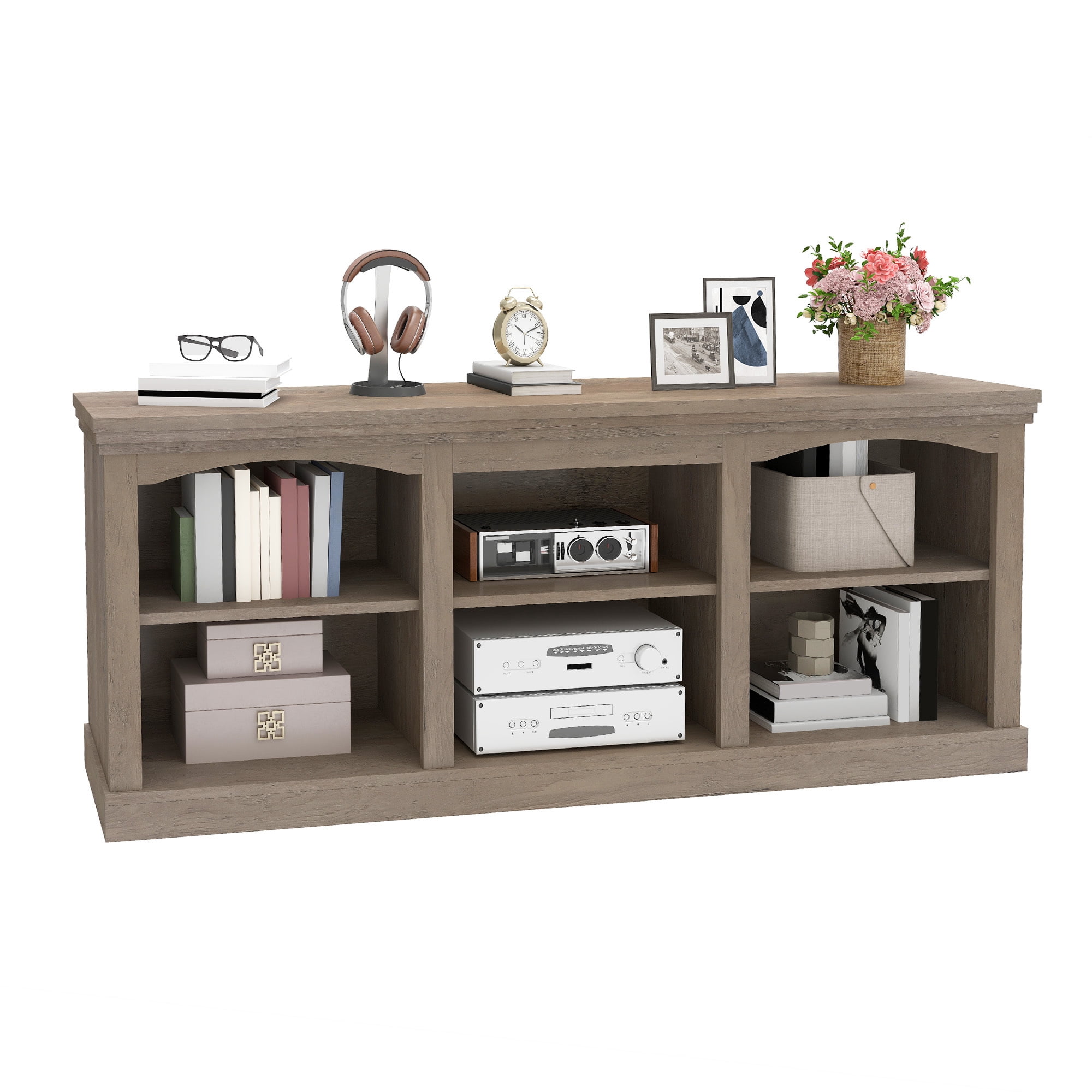 Uforic 70" TV Stand for 80 Inches TV, Farmhouse Entertainment Center with Adjustable Shelf & Storage Cabinets, Washed Gray