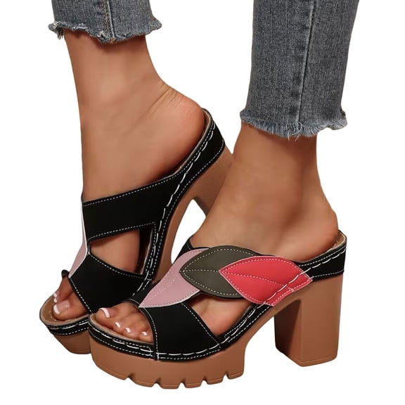 Rokment Womens Color Block Leaves High Heels Dress Sandals Beach Boho Trendy Leather Platform Chunky Heeled Slip on Comfortable Casual Backless Dressy Slides Summer Shoes Black Size 6