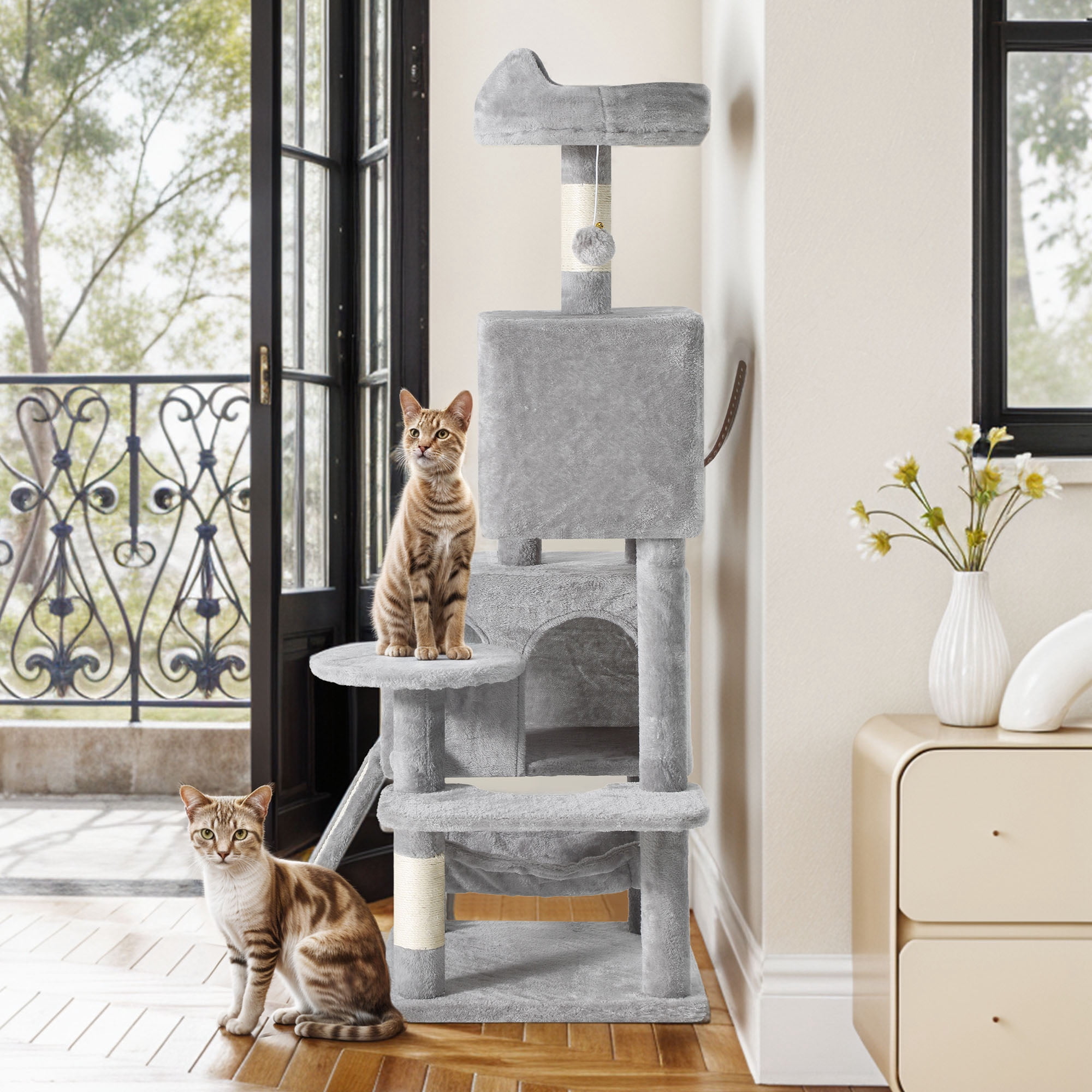 Dextrus 54" Multi-Level Cat Tree Tower with Cat Condos, Plush Top Perches, Hammocks, Sisal Scratching Post Board, Indoor Cat Activity Center,Light Gray