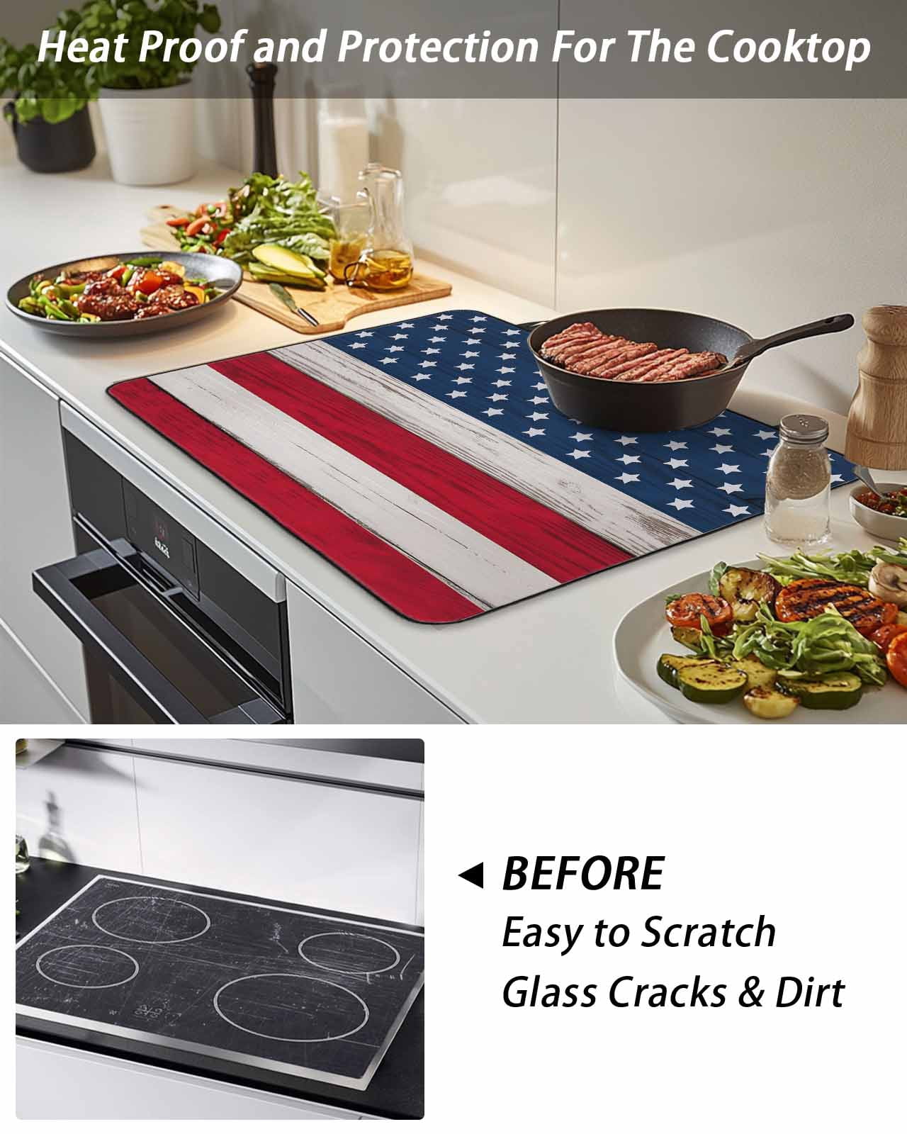 Stove Top Covers for Electric Stove, Wooden American Flag Glass Stovetop Cover Protector, Independence Day Star Striped Flag Induction Cooktop Protector Oven Mat for Kitchen Countertop 24"x21"
