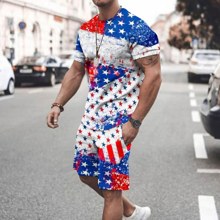 REORIAFEE Mens Sport Suit Sets American Flag Patriotic 2 Piece