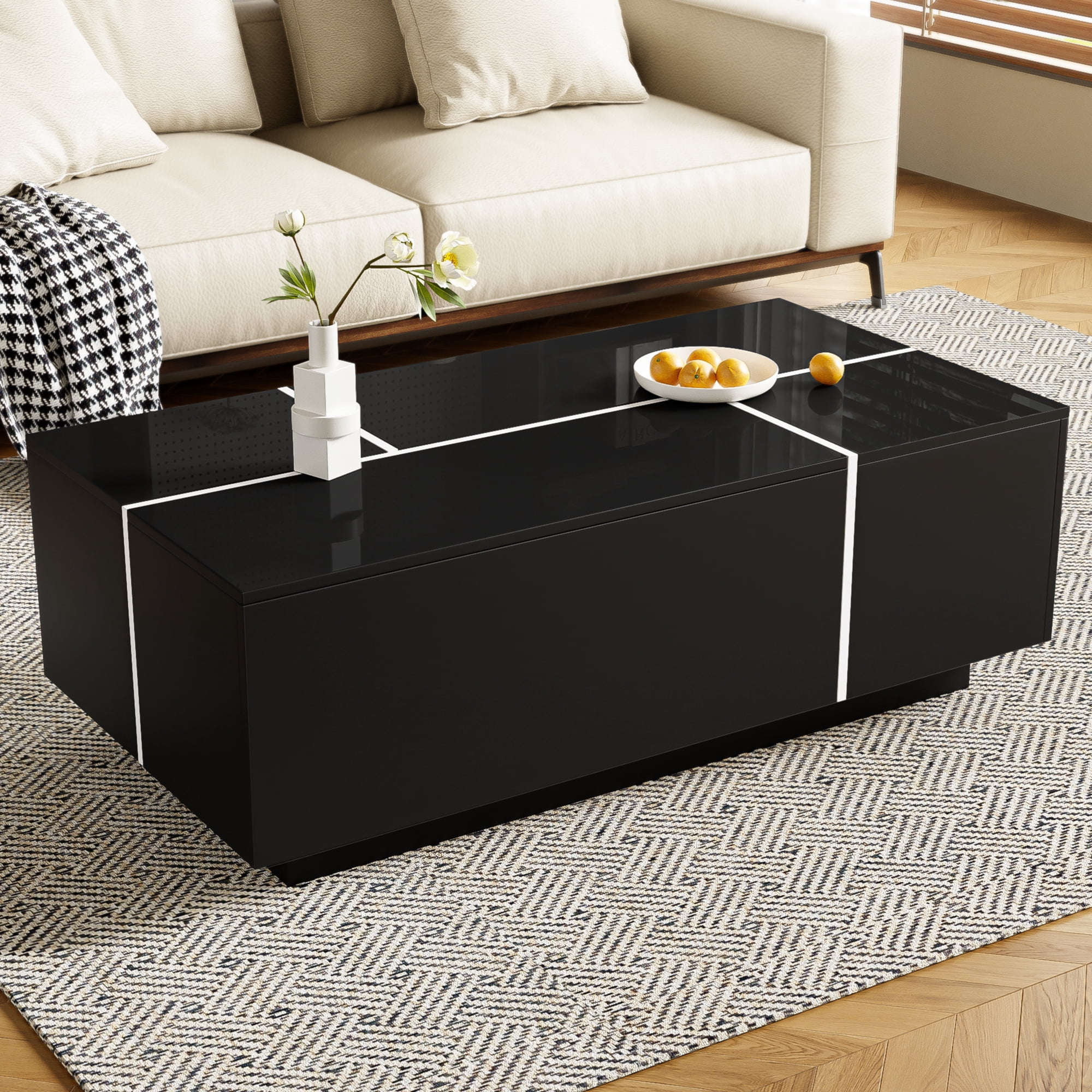 Extendable Coffee Table with 2 Hidden Storage Space and 2 Drawers,Modern Multi-Functional Coffee Table with High-Gloss Finish for Living Room,Black