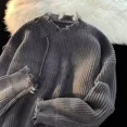 thumbnail image 2 of Ropa para hombre, jersey de punto beige para hombre, con agujeros, color liso, con parches, corte holgado, ropa coreana para otoño XA, 2 of 4