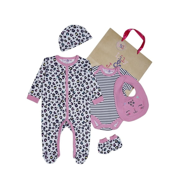 Lily and Jack Cat 5-Piece Layette Set – 100% Cotton Baby Essentials, Sleepsuit, Bodysuit & More – Adorable & Comfortable Gift for Baby Boys & Girls