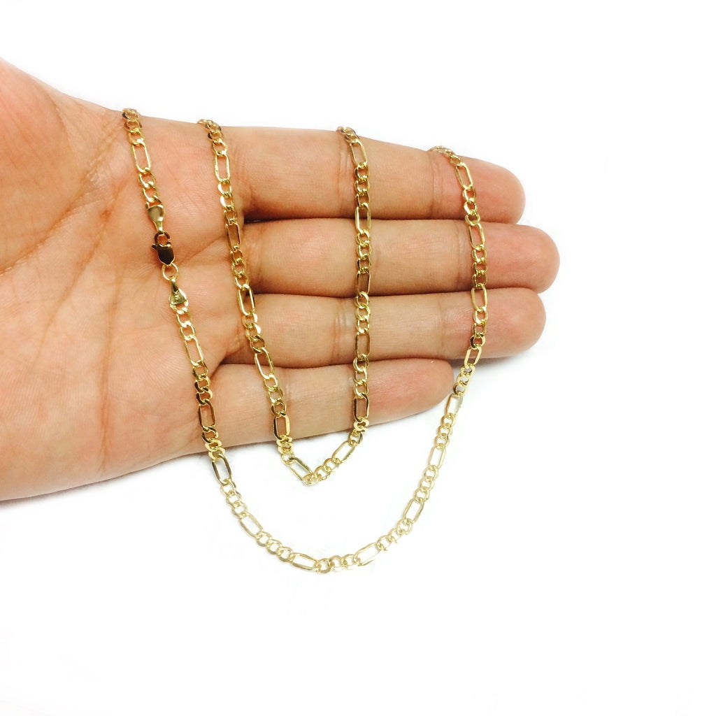 10K Yellow Gold 3MM Hollow Figaro Link Necklace Chains 16" - 24",Real 10K Gold, Next Level Jewelry