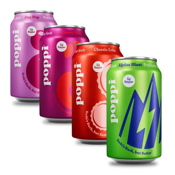 Poppi Prebiotic Soda, Soda Staples Variety Pack, 12 oz, 12 Pack Cans