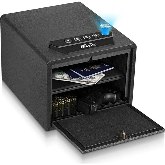 Biometric Handgun Safe, Quick Access Fingerprint Multifunction Pistol Safe with Pop-Open Door and Removable Interior Shelf, Hand Gun Safe Firearm Case Box - Biometric/Keypad/Key Access,Silent Mode