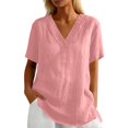 thumbnail image 3 of IWRICH Linen V Neck T Shirts for Women Summer Casual Short Sleeve Tunic Tops Comfy Solid Color Loose Fit Basic Tees Pink XXL, 3 of 7
