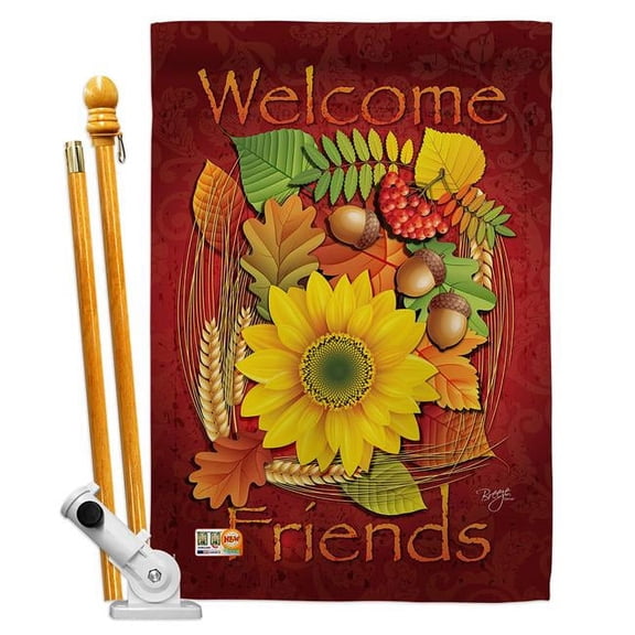 Breeze Decor BD-HA-HS-113040-IP-BO-D-US12-BD 28 x 40 in. Welcome Friends Fall Harvest & Autumn Impressions Decorative Vertical Double Sided House Flag Set with Pole Bracket Hardware