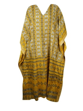 Mogul Women MATERNITY Dress Yellow Gray Block Print Abaya BOHO Ethical Style Fashion Kaftan Maxi Dresses 2XL