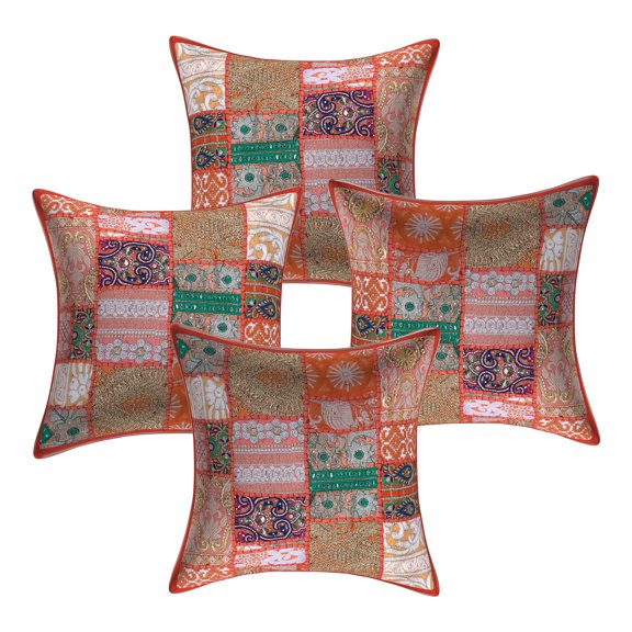 Stylo Culture Indian Cotton Home Decor Throw Pillow Sham Covers Orange 16 x 16 Bohemian Vintage Patchwork Indian Couch Cushion Covers 40x40 cm Living Room Floral Square Pillowcases | Set Of 4