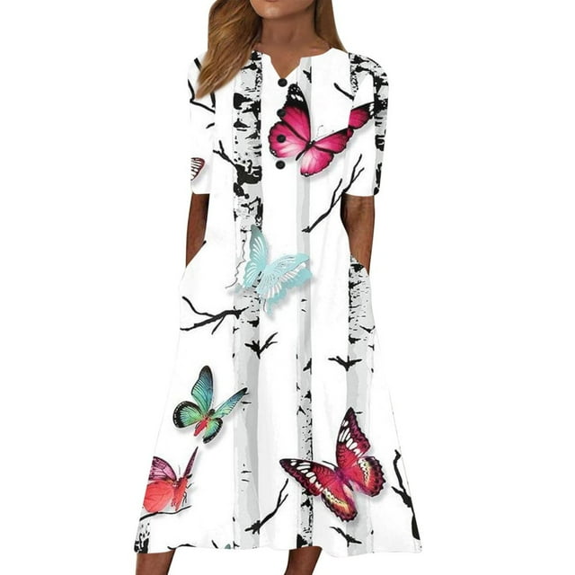 CHOK Robes d'Été pour Femmes à Boutons avec Poches Grande Taille Bohème Décontractée Longue Robe Maxi Imprimé Floral Manches Courtes Col en V Longueur sous le Genou Évasée Ligne A Maison Ample Robes Soleil