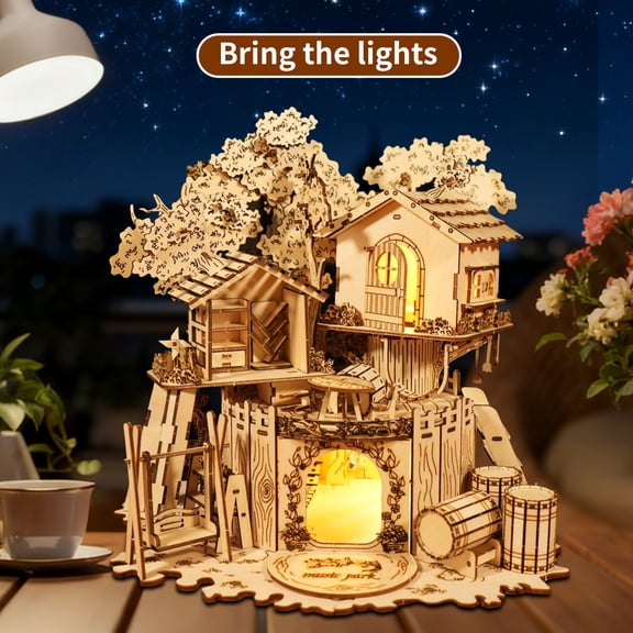3D Puzzle Treehouse with LED Wooden Model Kits for Adults to Build Christmas Presents Gifts for Women