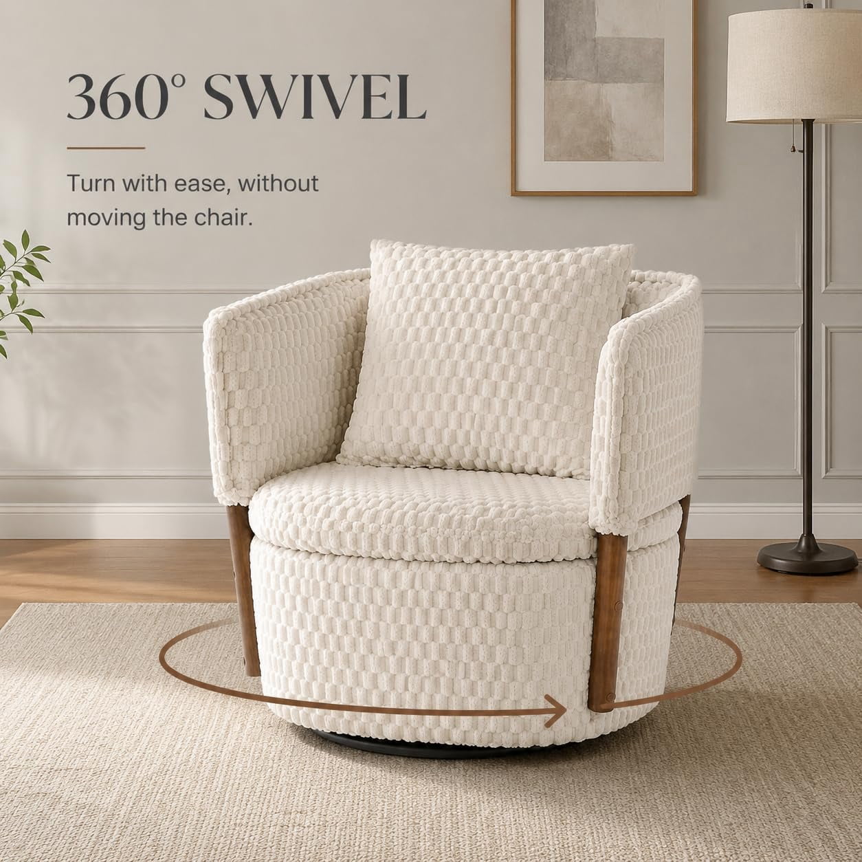 MOONIMSS 360°Swivel Accent Chair, Corduroy Vanity Chair with Storage,Beige