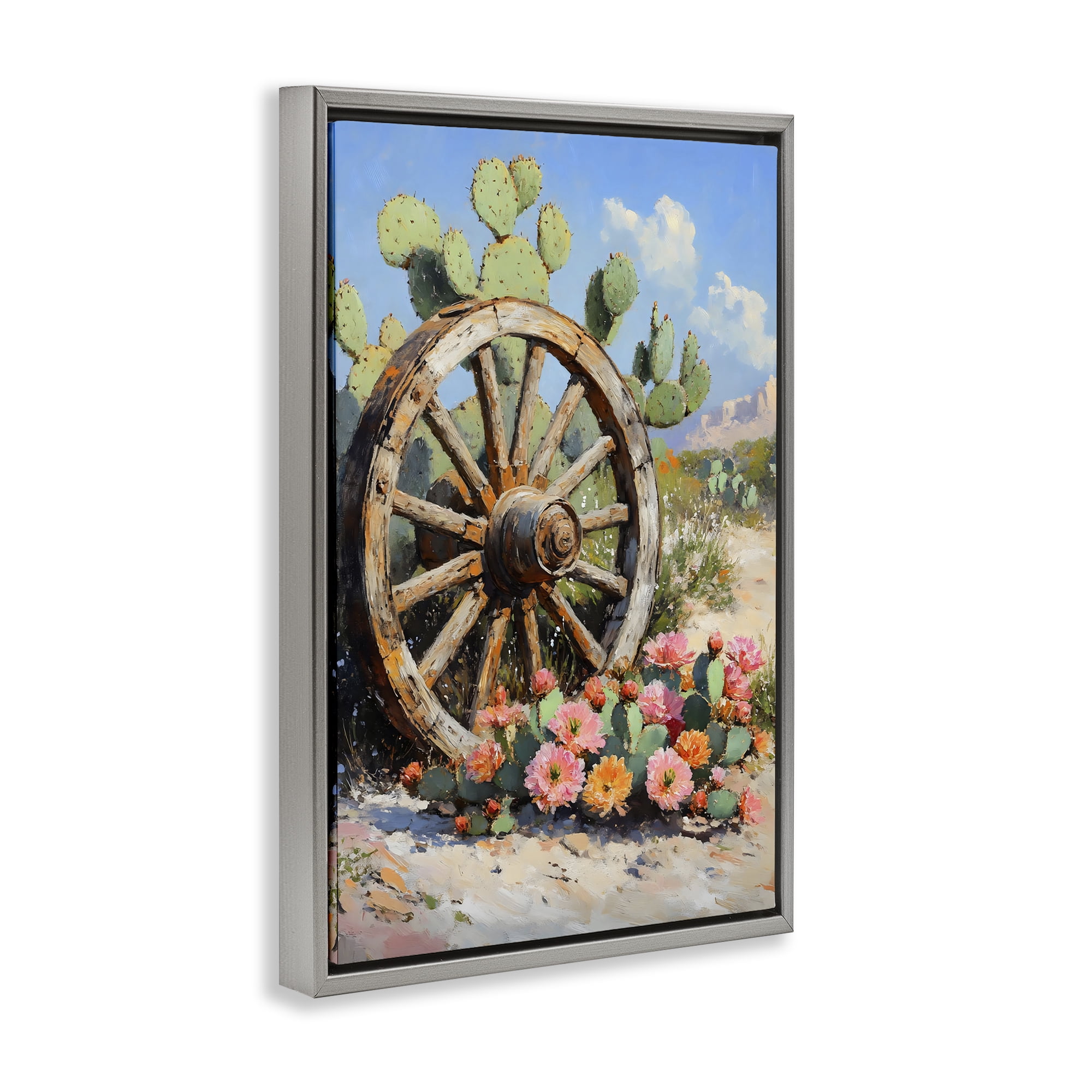 Stupell Industries Wagon Wheel Among Cactus Gray Framed Floater Canvas Wall Art, design by Franklyn Gregory