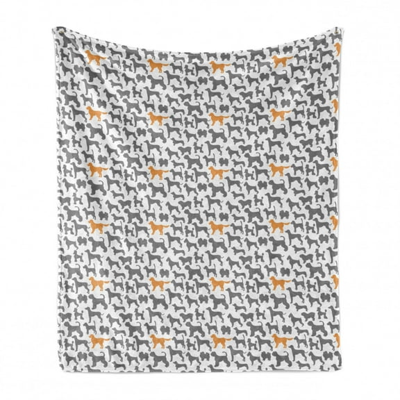 Dogs Soft Flannel Fleece Blanket, Pattern with Dog Silhouettes Different Breeds Animal Pet Lover Themed Print, Cozy Plush for Indoor and Outdoor Use, 70" x 90", Grey Orange and White, by Ambesonne