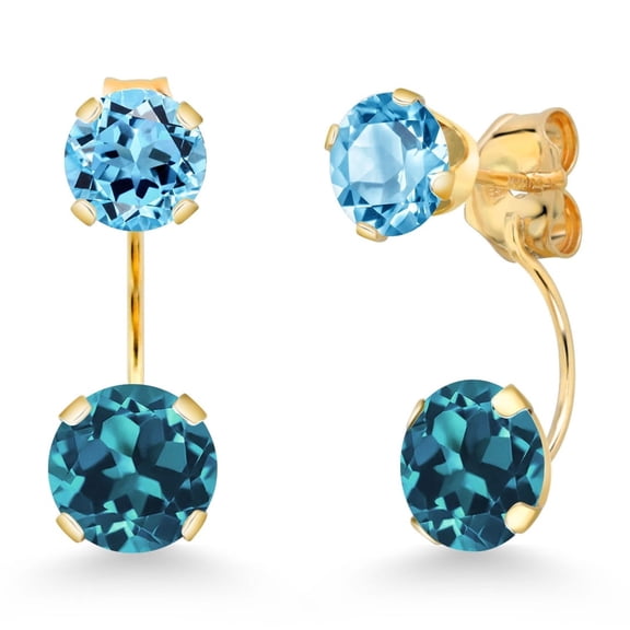 Gem Stone King 14K Yellow Gold London Blue Topaz and Swiss Blue Topaz Stud Earrings for Women | 3.50 Cttw | Gemstone November Birthstone | Round 6MM