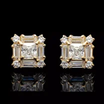 2TCW Lab-Created Baguette & Round Diamond Cluster Stud Earrings In 14K Yellow Gold Plated