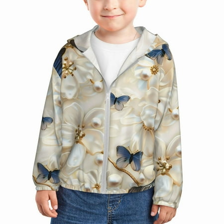 

Goofa Elegant Butterflies And Pearls Printed Kids Zip-Up Hoodie Girls Boys UPF50+ Sun Protection Jacket Hooded Cooling Shirt-5 Years
