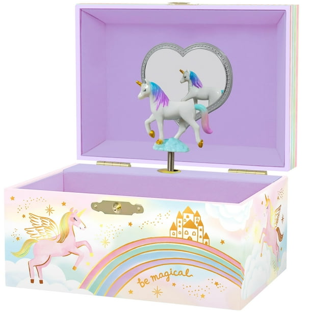 Giggle & Honey Joyero musical de unicornio para niñas, joyero para niños con unicornio giratorio, regalos de unicornio para niñas, juguetes de unicornio, 6 x 4,7 x 3,5 pulgadas