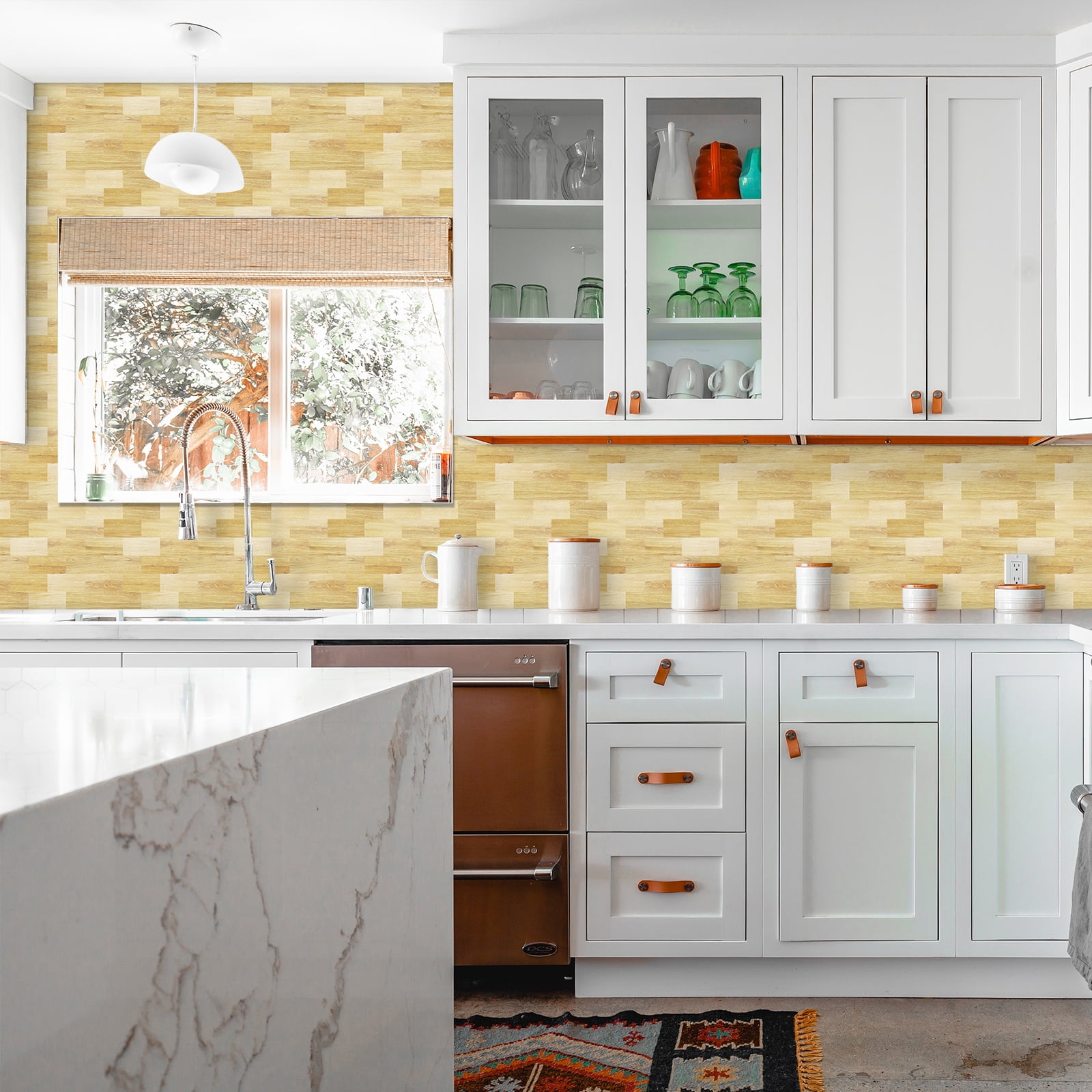 DEWOO 10-Sheet Peel and Stick Backsplash Wall Tile Self Adhesive, Stickon Tile for Kitchen Backplash, Bathroom Vanities, Fireplace Decor, Laundry Table, Stair Decals in Yellow Woodgrain