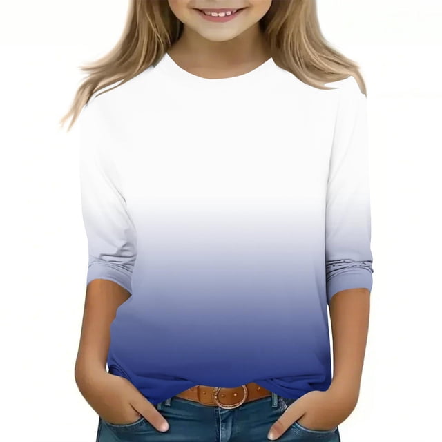 Plebaso T-Shirts à Manches 3/4 pour Filles, Dégradé de Couleur, Col Rond, Printemps 2025, Blouses Décontractées pour Enfants