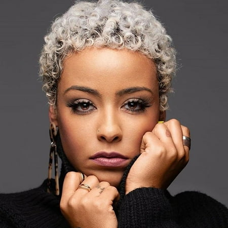 KAGAYD Short Hair Wigs For Black Women Short Cuts Wigs For Black Women Short Straight Black Ladies Wigs Women's Short Curly Wig Synthetic Cut Wig Heat Grey Wigs Head Circumference 22 Inch