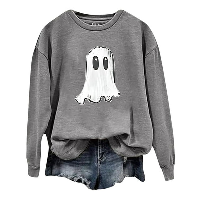 Arlun,Halloween Chandails en Molleton Citrouille 2025 Mode Automne Femmes Grande Taille Chandails à Lettres Imprimées Coupe Ample Confortable Col Rond Manches Longues Manteau Sans Capuche Hauts Gris Pâle2 TG