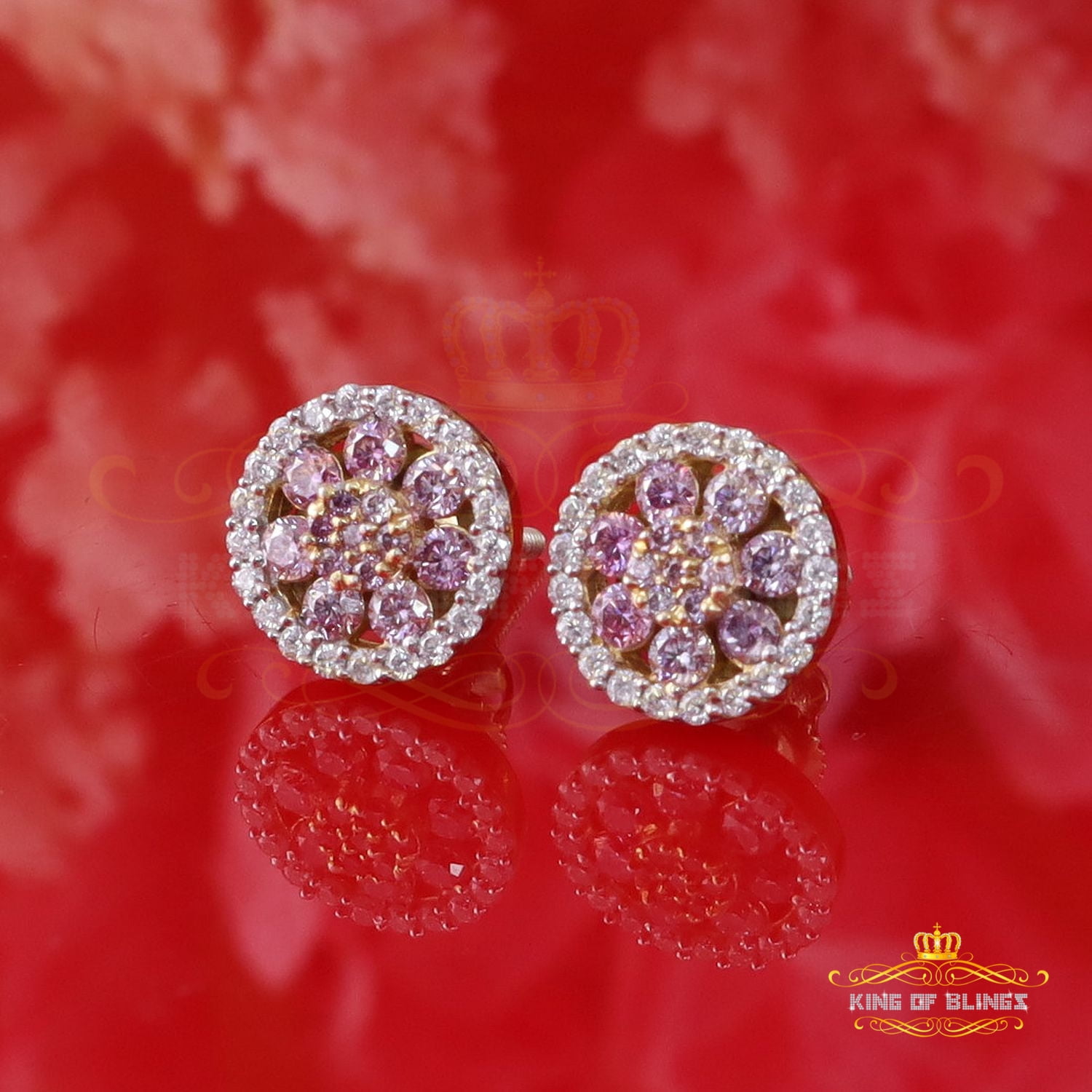 King of Bling's New 925 Silver Yellow 0.66ct VVS D Pink Moissanite Round Women's Stud Earrings